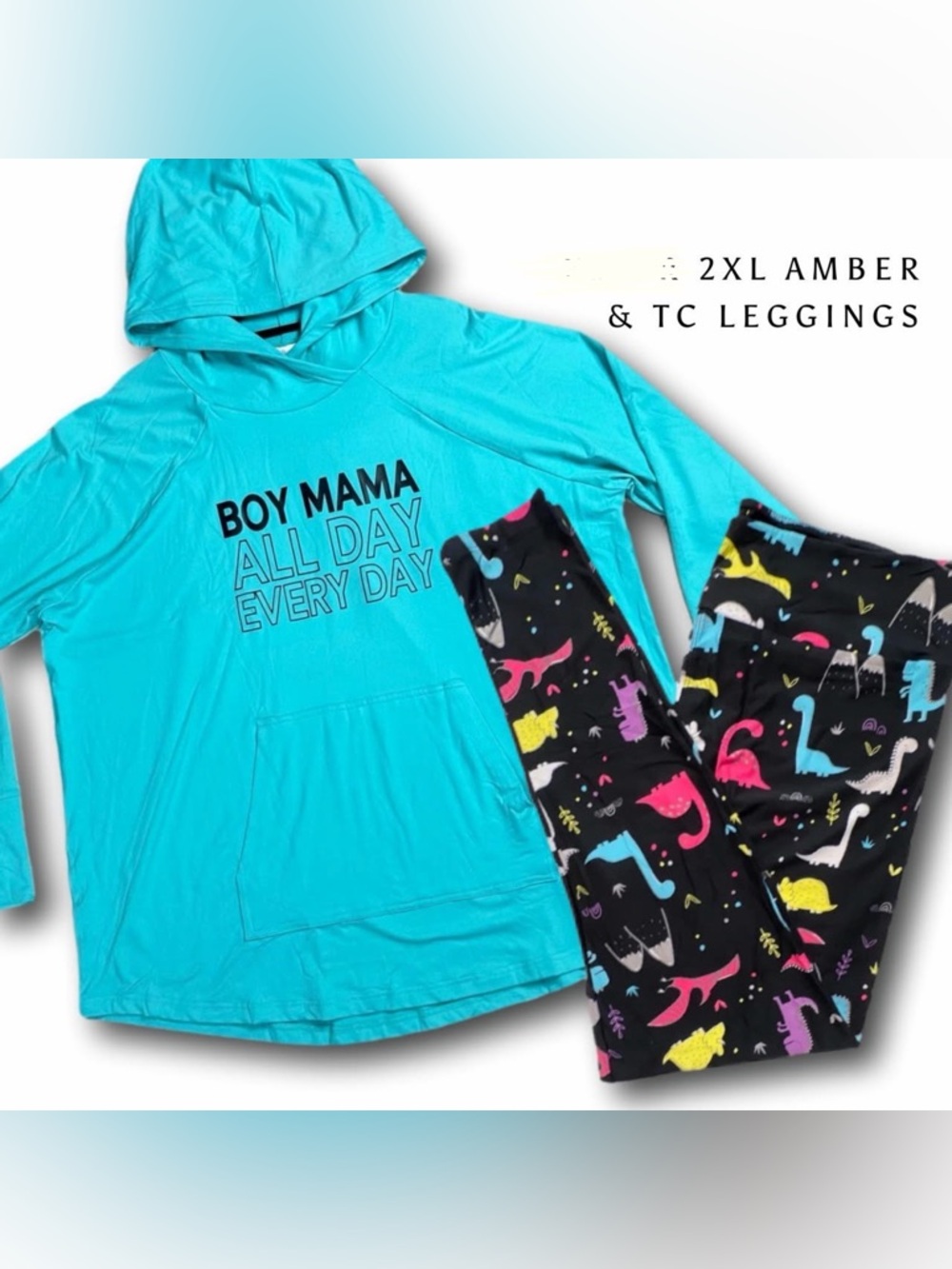 LuLaRoe Amber 2XL Turquoise Hoodie with Black Multicolor Dino Leggings TC